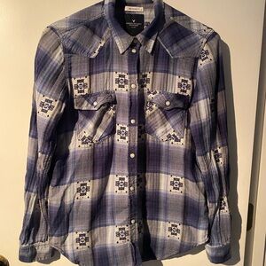 American Eagle Blue Plaid Western Shirt Boyfriend Fit Size Small